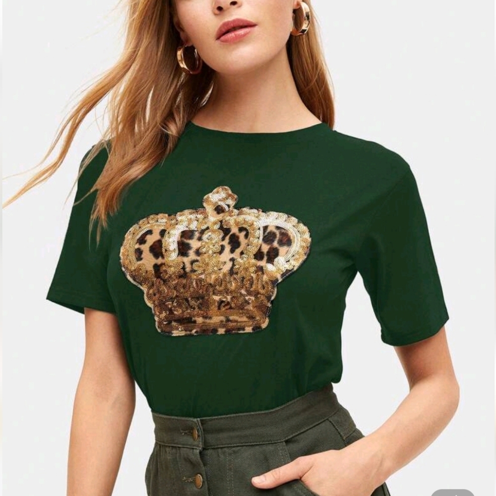 Green Tee with Leopard Sequin Crown